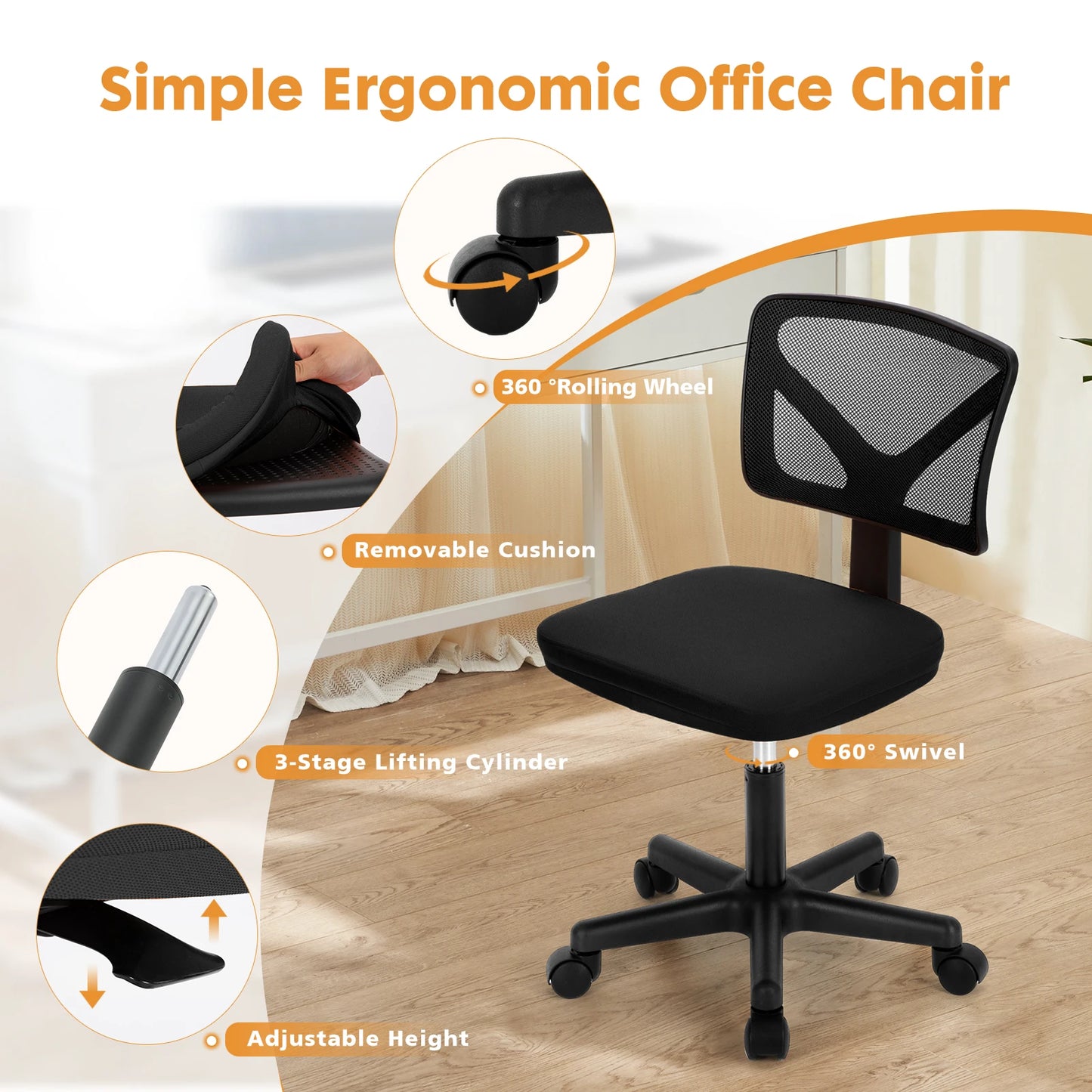 JHK Mesh Lumbar Support Armless Office Chair With Adjustable Height