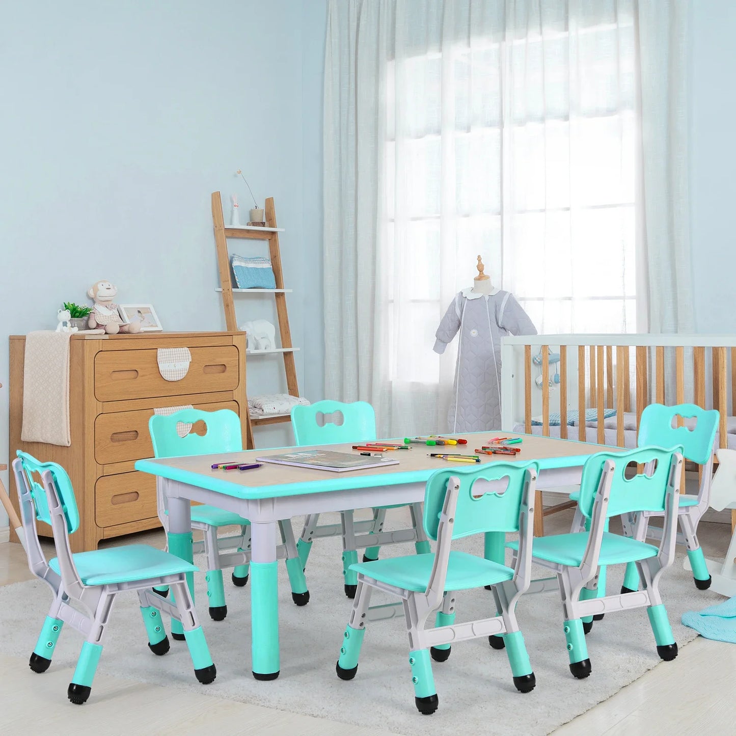 AuAg Kids Table 6 Chairs Set Height Adjustable Arts Desk