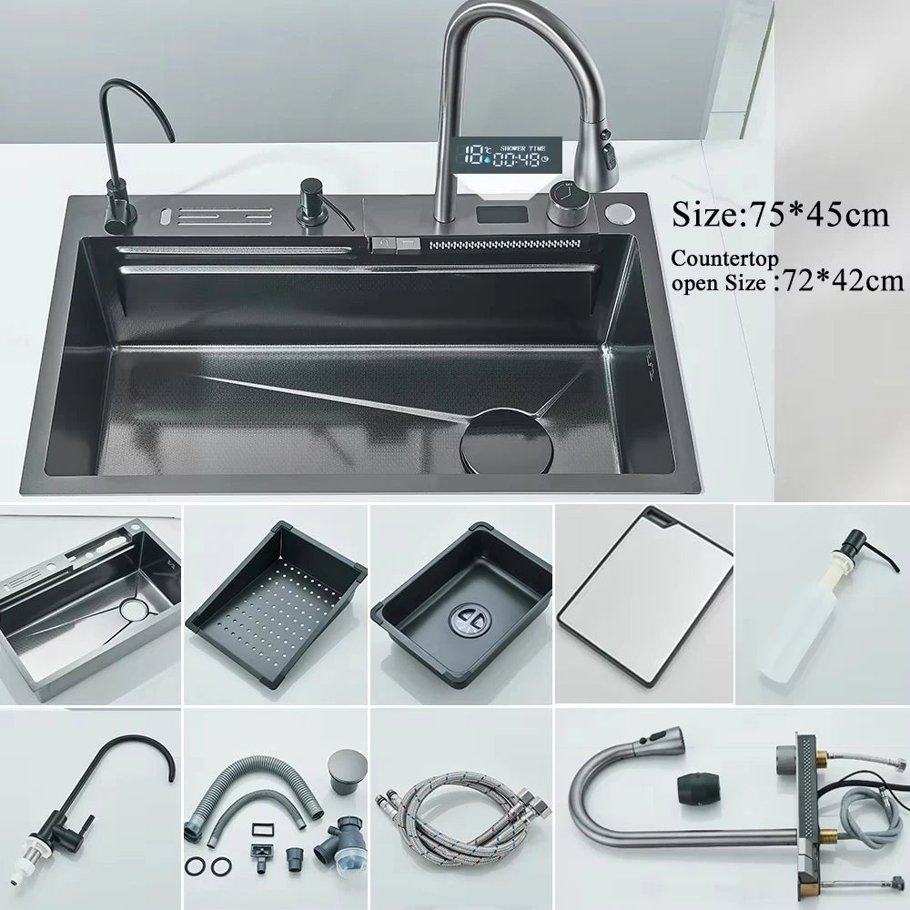 MYQualife 304 Stainless Steel Waterfall Kitchen Sink Digital Display Faucet