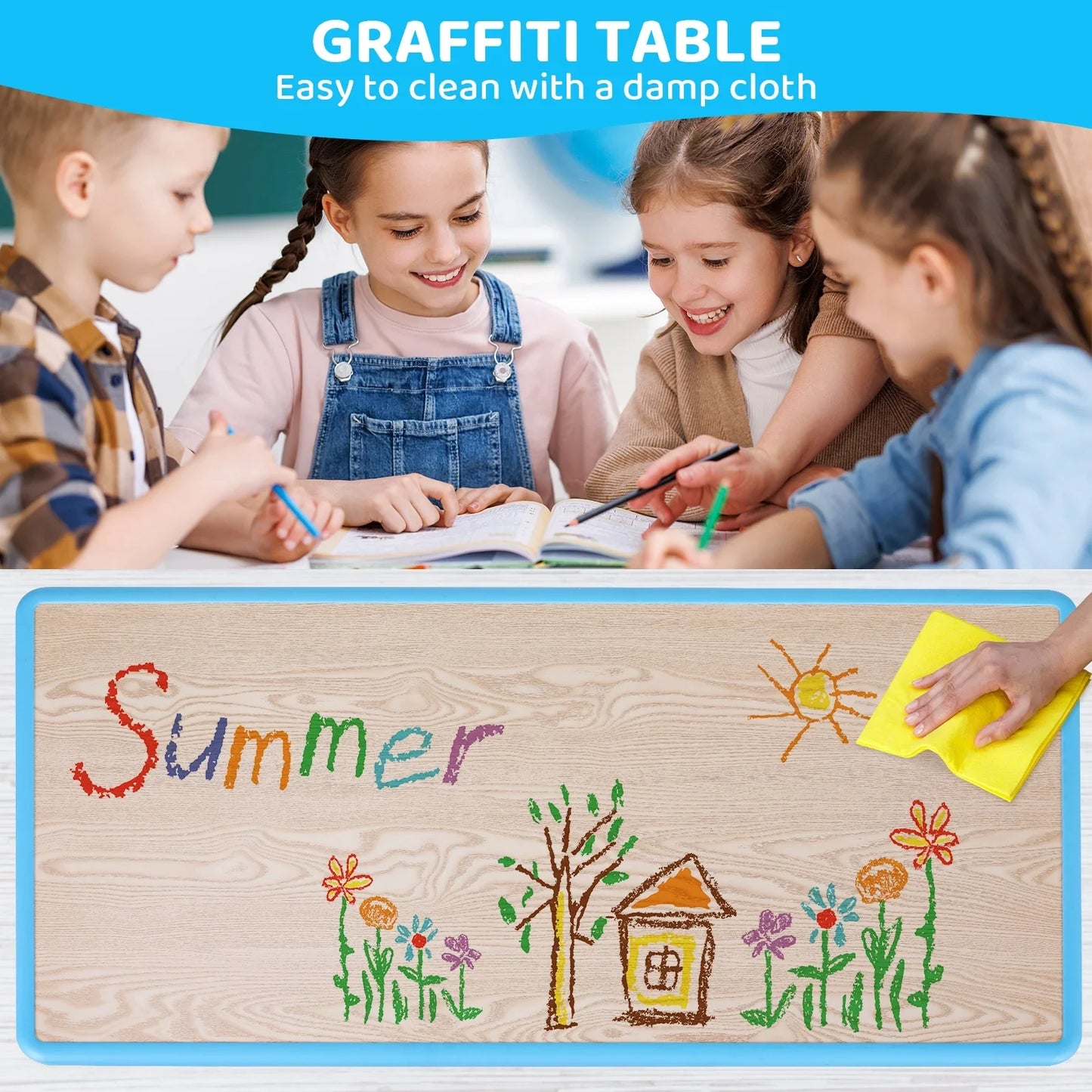 AuAg Kids Table 6 Chairs Set Height Adjustable Arts Desk