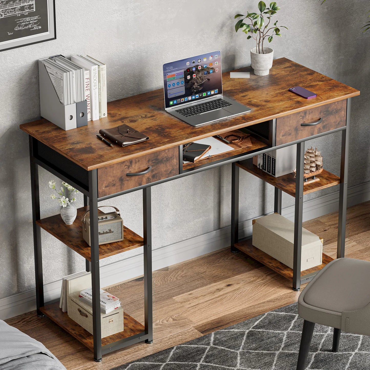 JHK Gaming Desk With Fabric Drawers Storage And Metal Frame