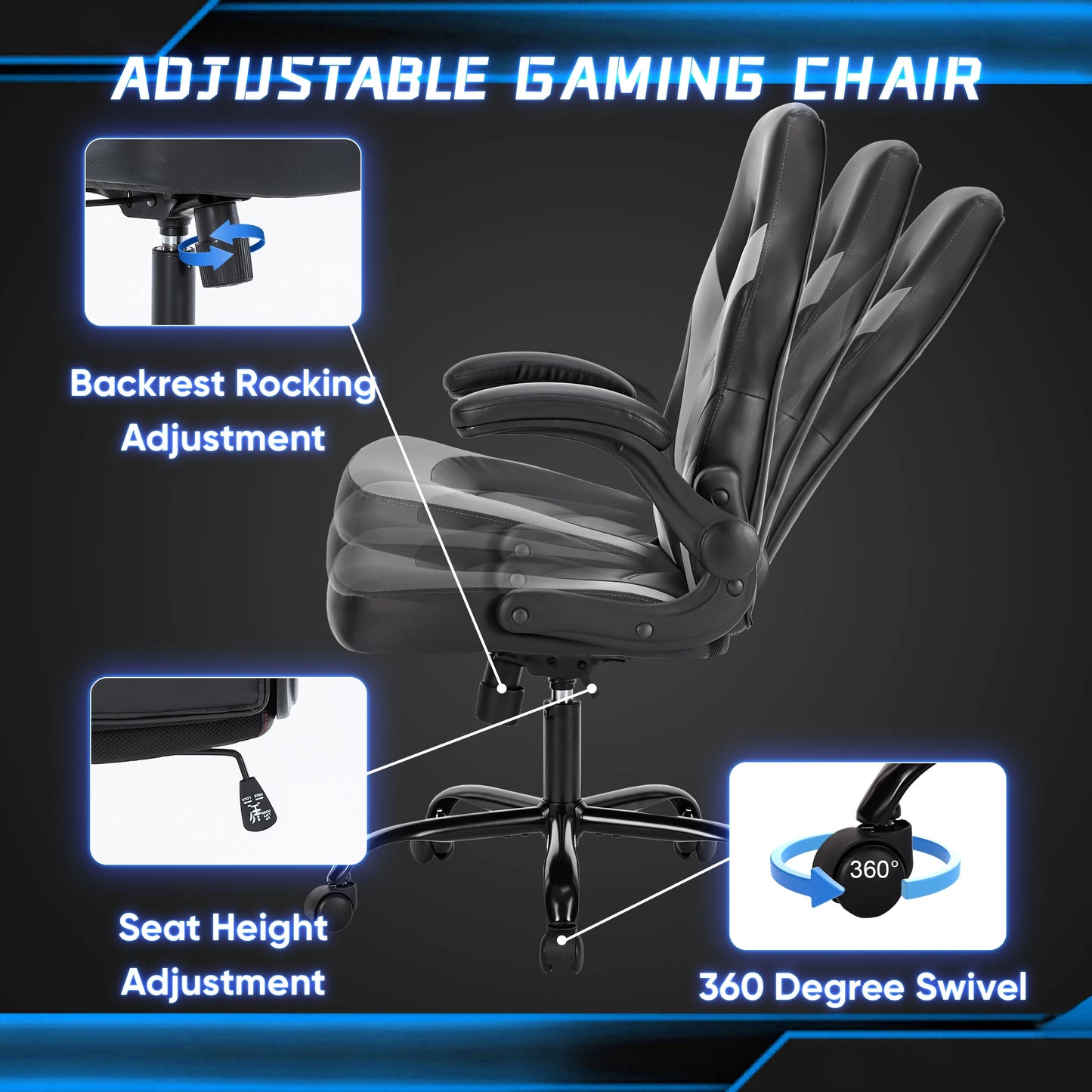 JHK Ergonomic Office Chair With PU Leather Flip Up Armrests