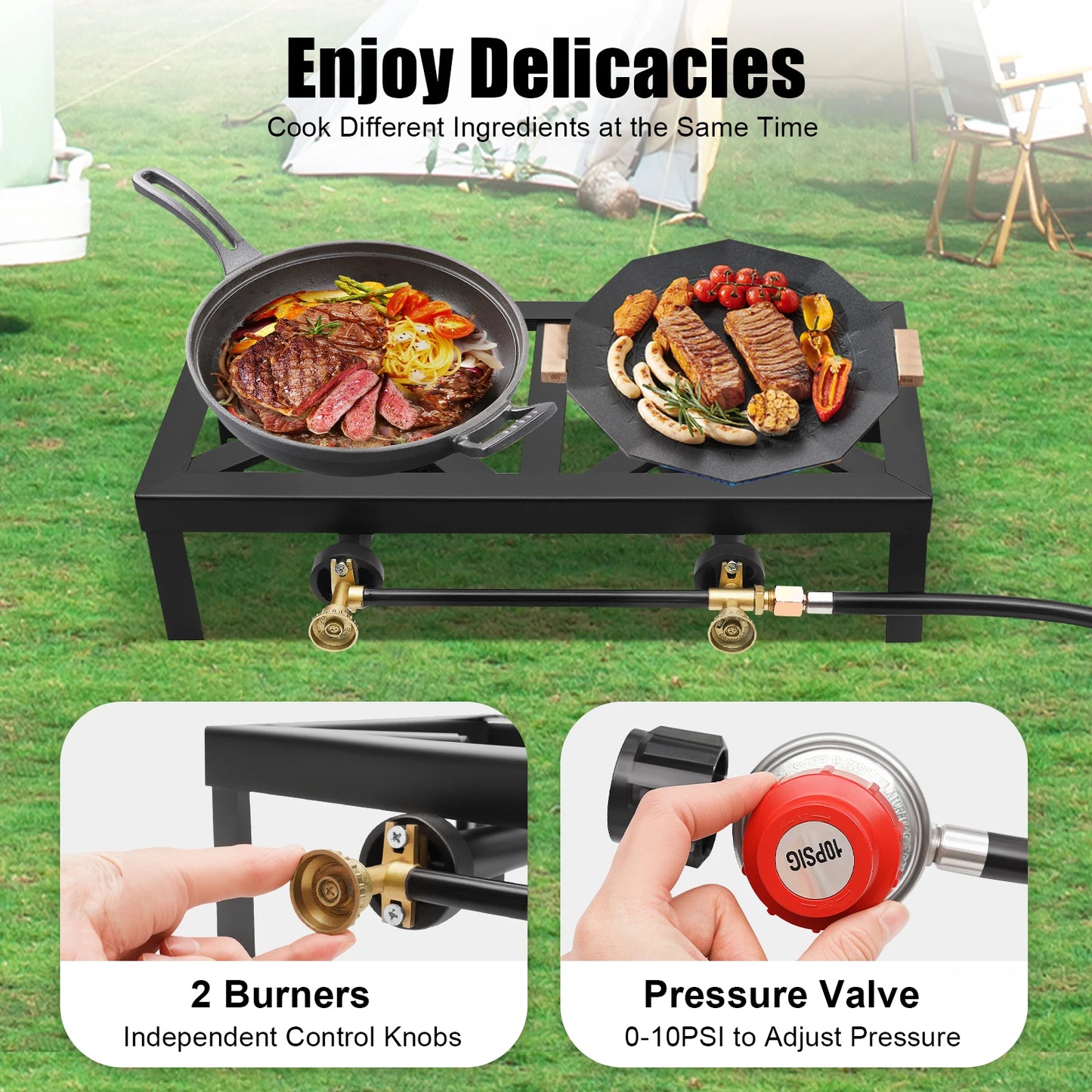 8000W Portable Double Burner Outdoor Gas Stove With 0 To 10 PSI Regulator Hose