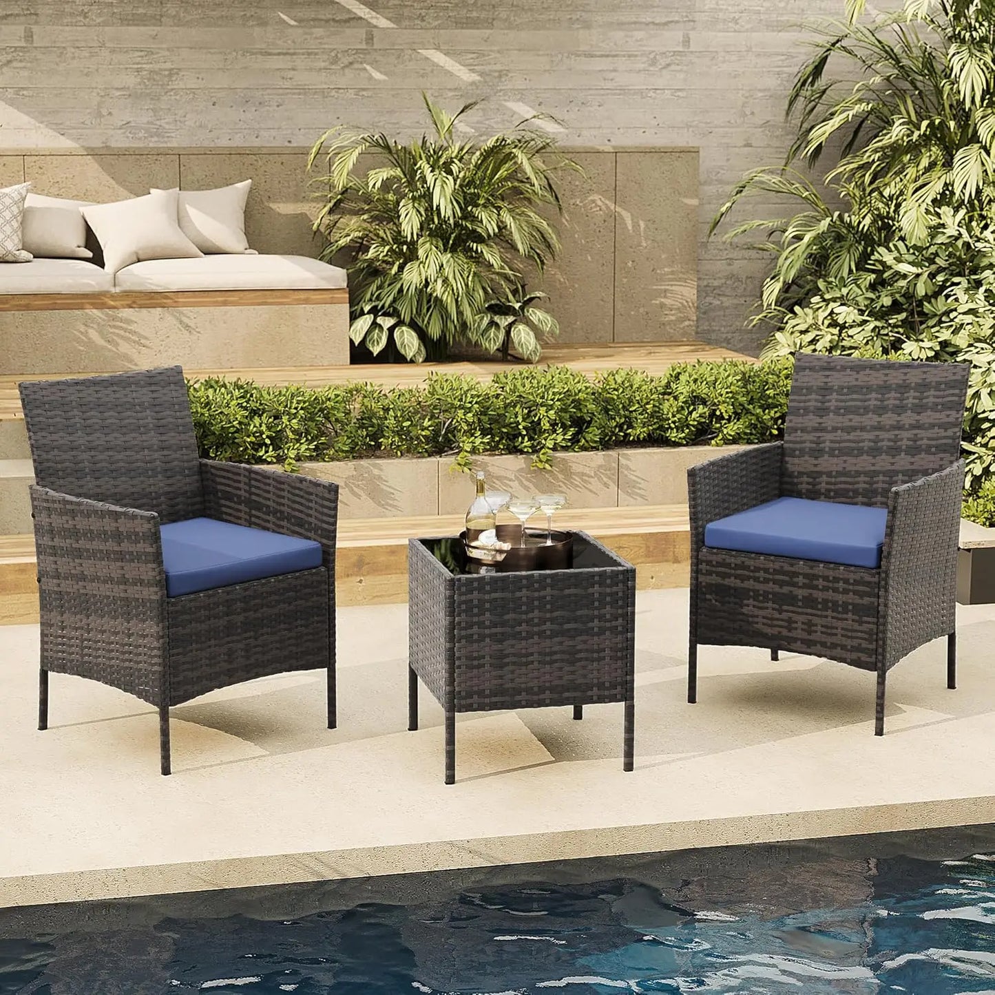 3-Piece Wicker Patio Sofa Set, All-Weather Rattan Conversation Set With Cushions & Glass Coffee Table For Garden, Porch, Lawn