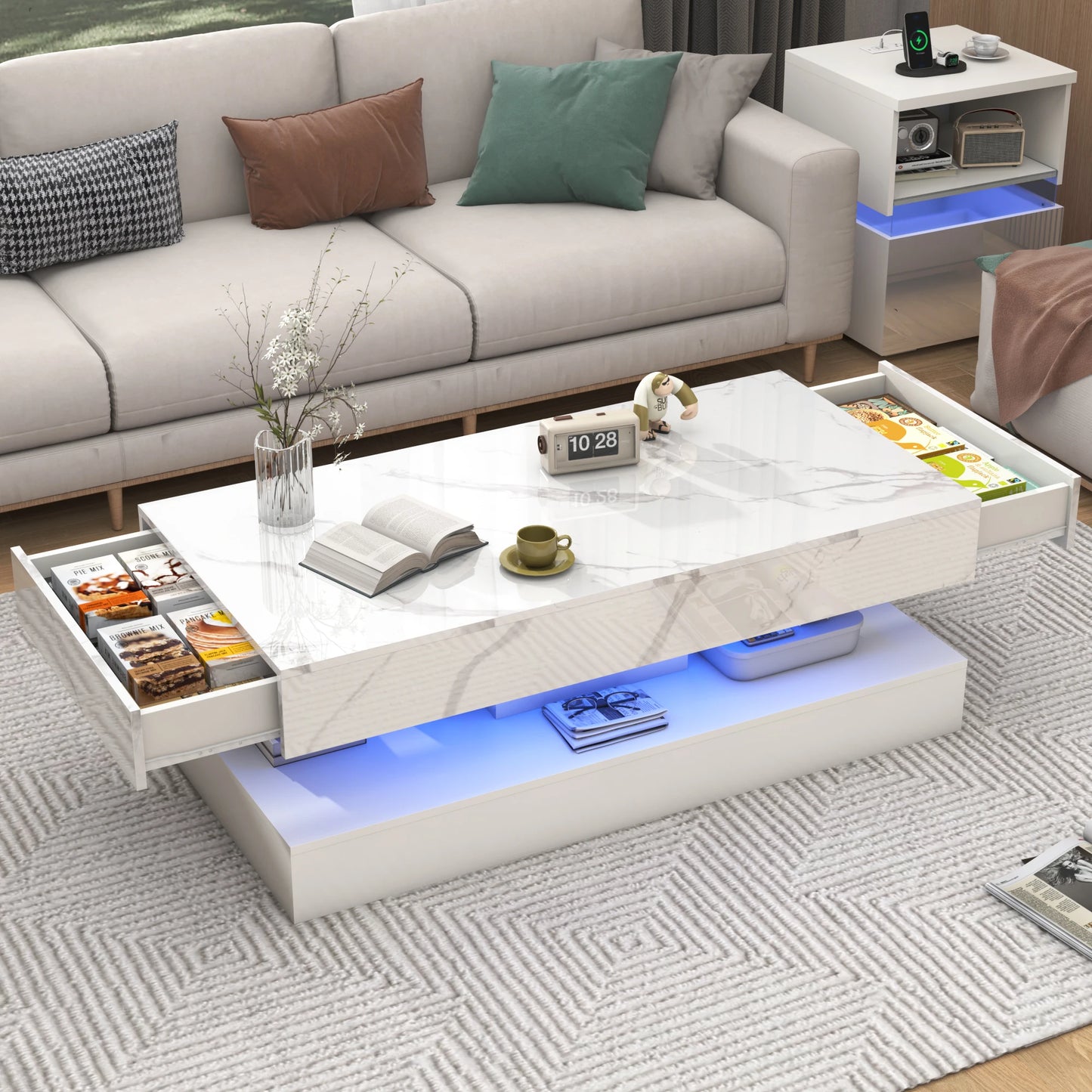QiaoShiRen Modern LED Coffee Table With Double Drawers