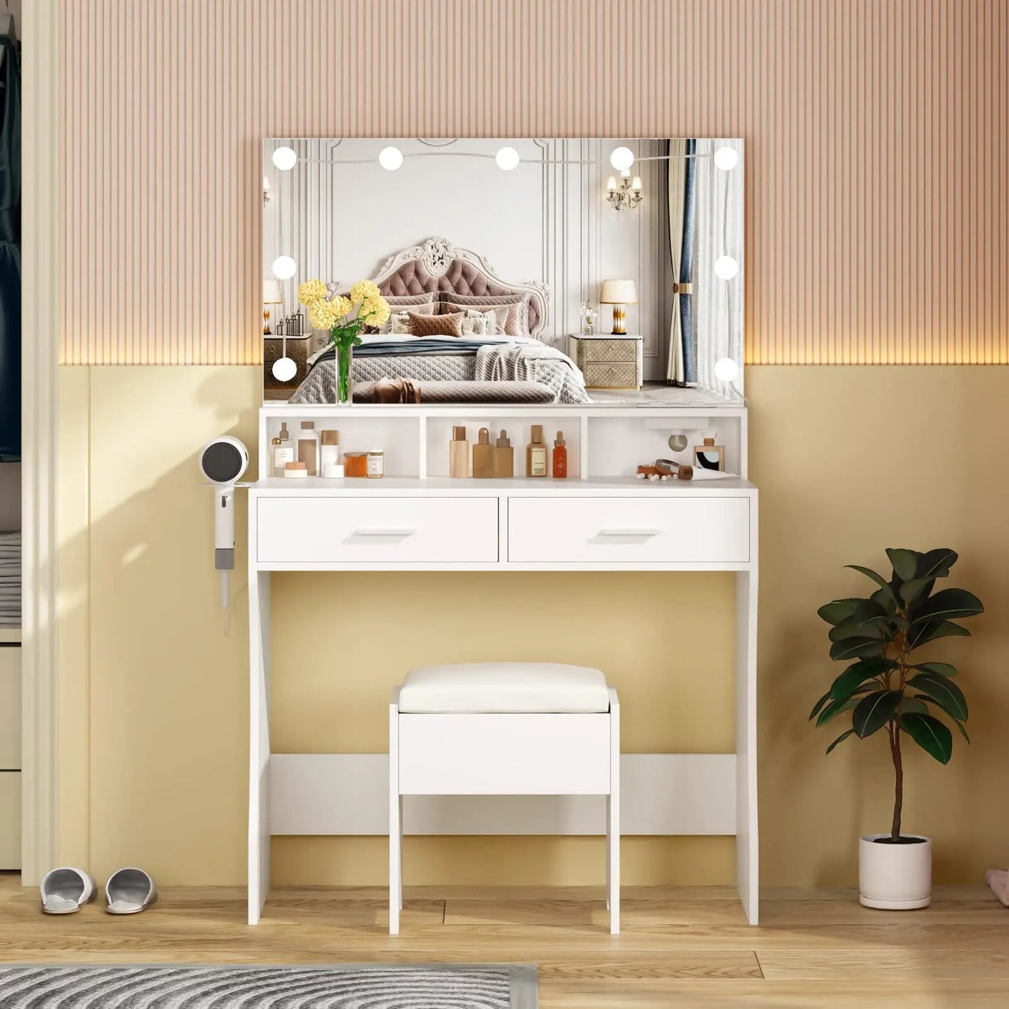 Vabches Vanity Desk With Lights Mirror And Power Outlet 2Drawer