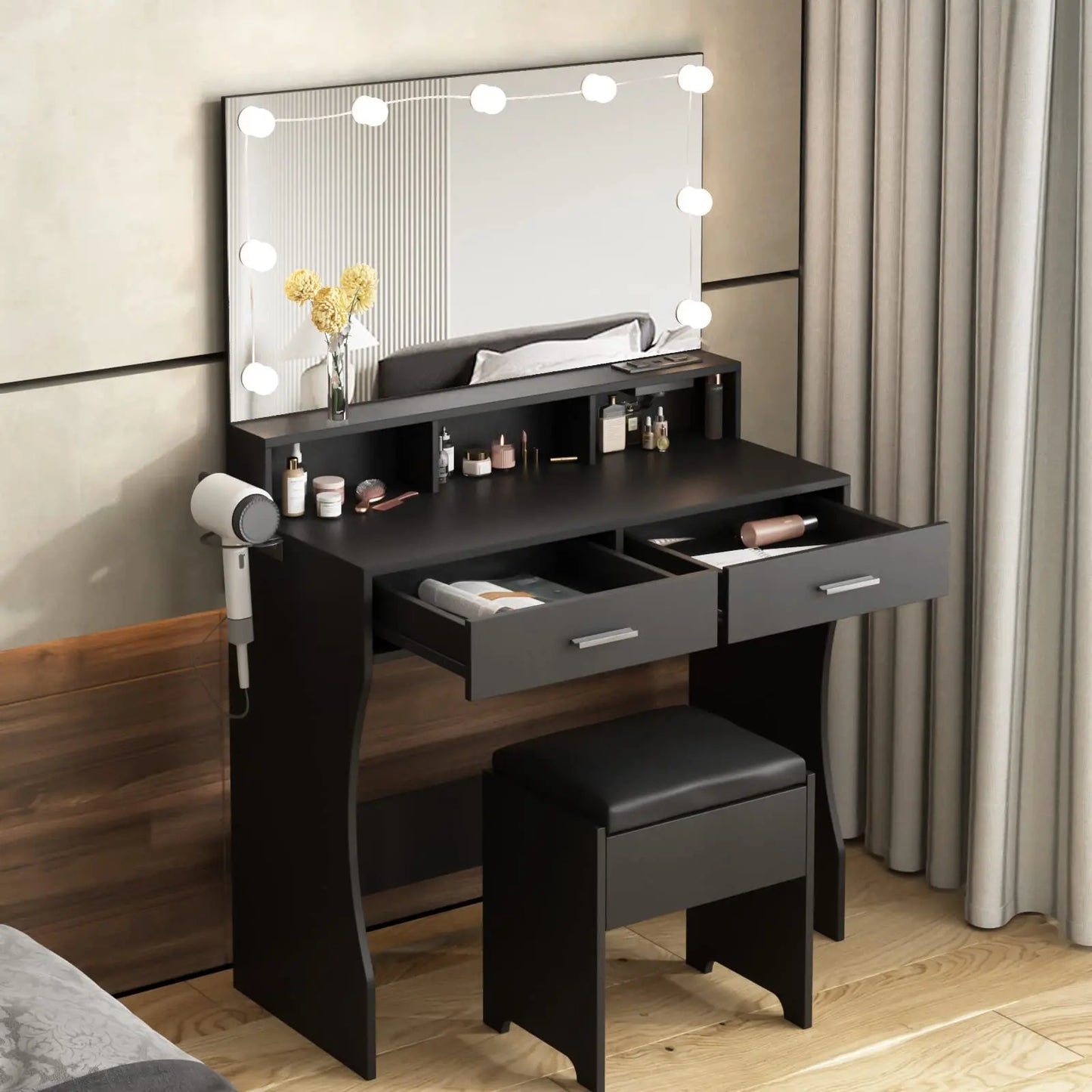 Vabches Vanity Desk With Lights Mirror And Power Outlet 2Drawer