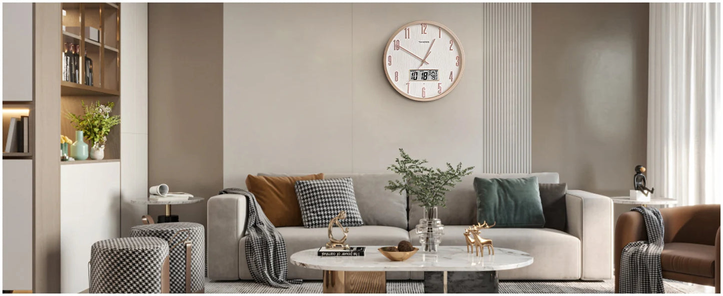 TIMESS Luminous Voice-activated Wall Clock, 14-inch Night Light Analog, Silent Battery Powered, Perpetual Calendar, Decorative