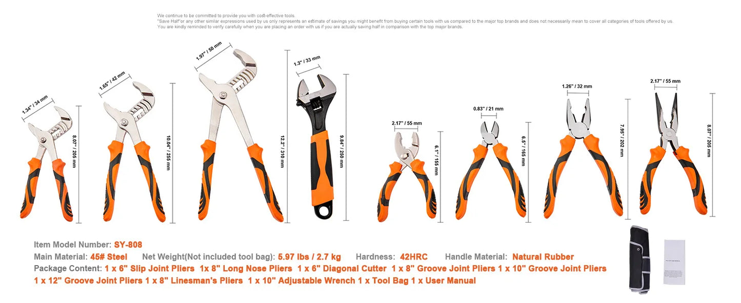 SucceBuy 8-Piece Pliers Set High Carbon Steel 12"/10"/8"Groove Joint Pliers 8"Linesman's Pliers 6"Slip Joint Pliers and Tool Bag