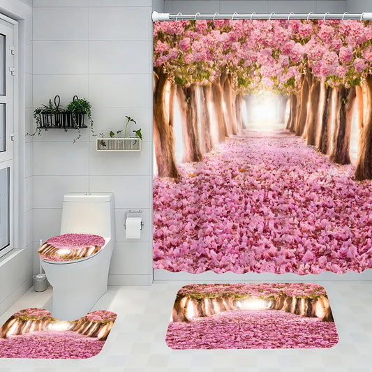 Forest Theme Bathroom Four Piece Set Waterproof Shower Curtain Kit
