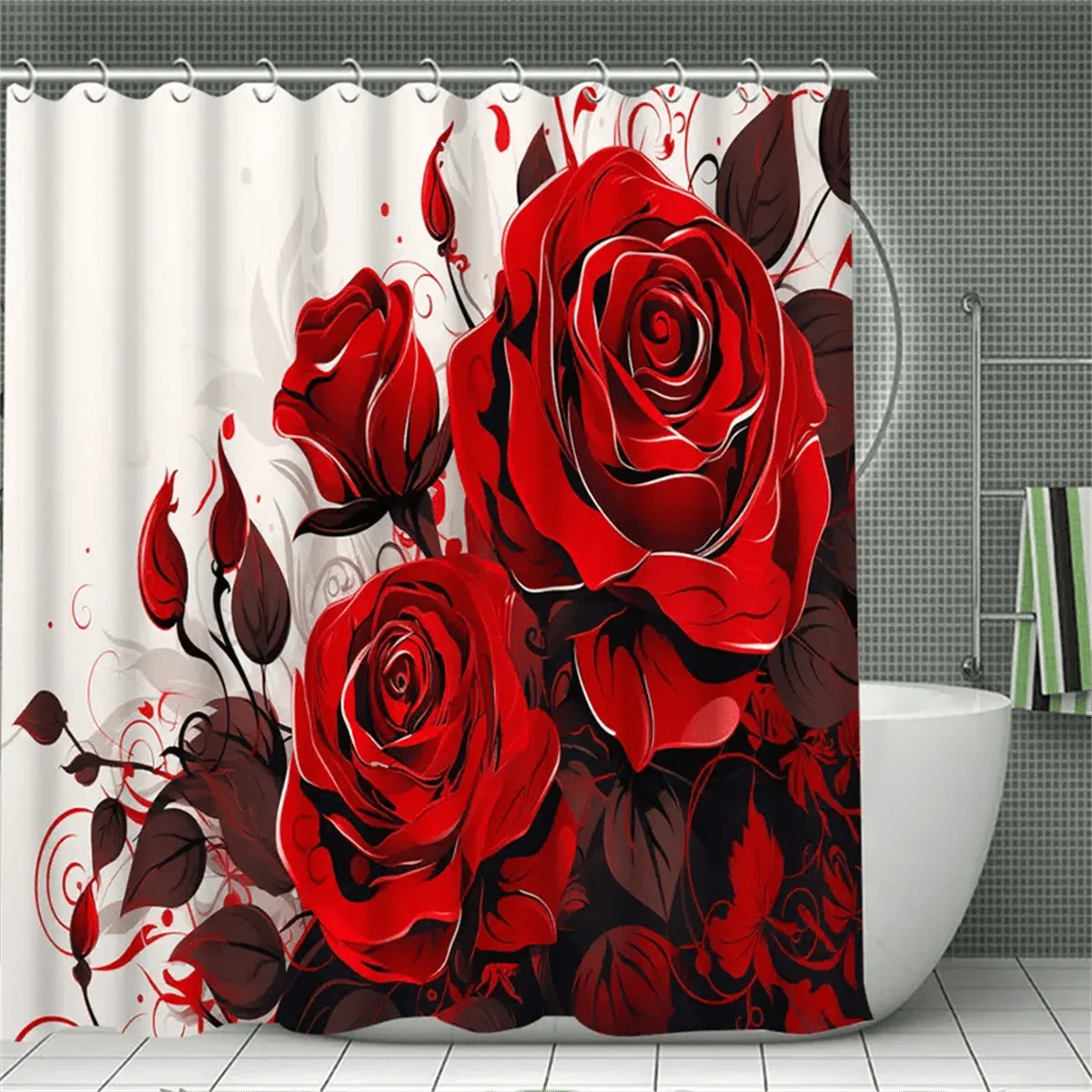Rose Pattern Shower Curtain Set 3 Piece With Hooks Mat
