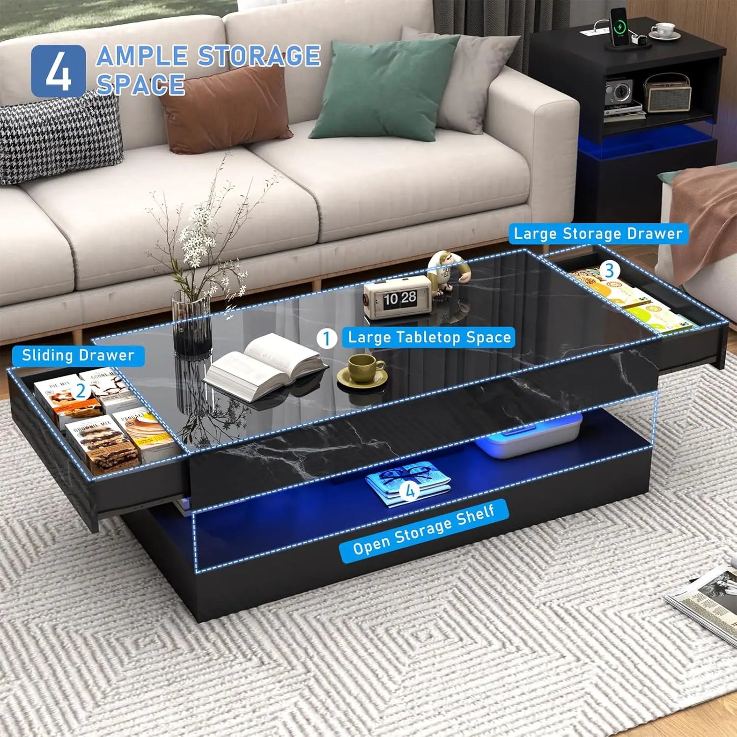 QiaoShiRen Modern LED Coffee Table With Double Drawers