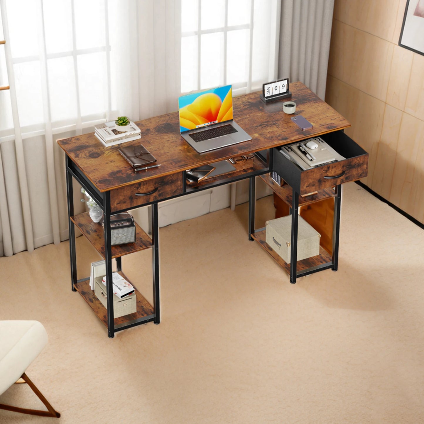 JHK Gaming Desk With Fabric Drawers Storage And Metal Frame