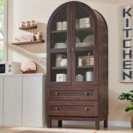 Arched Pantry Cabinet With Two Drawers And Adjustable Shelves
