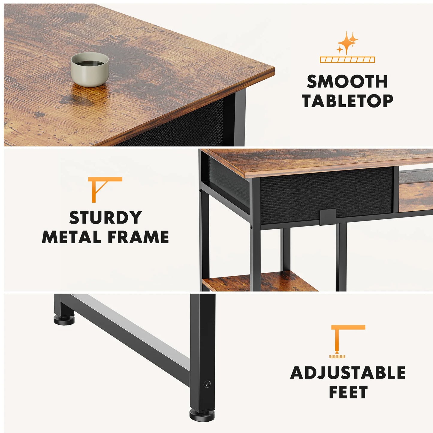 JHK Gaming Desk With Fabric Drawers Storage And Metal Frame