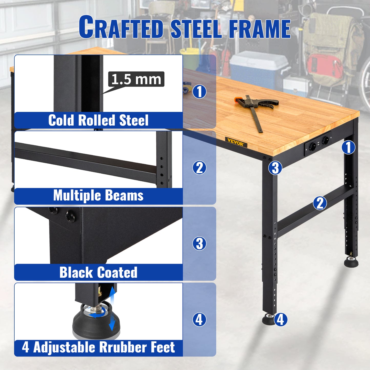 Woodworking Workbench with Adjustable Height Oak Top and Frame
