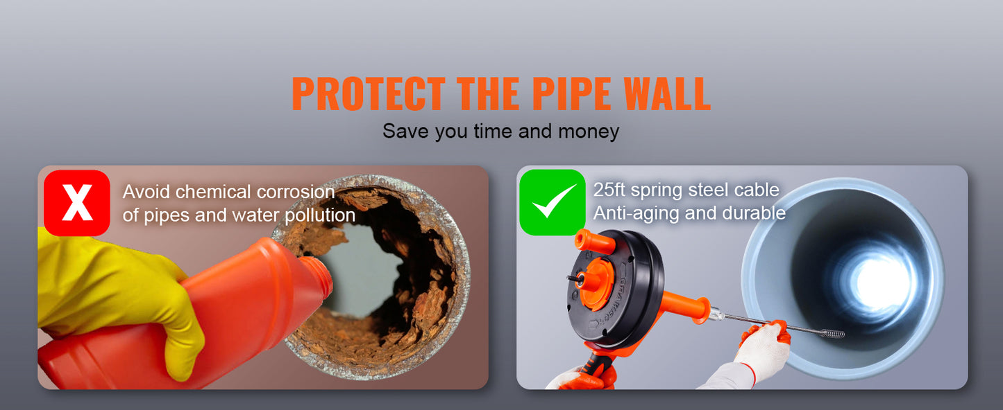 Drain Auger Manual Feeding Plumbing Snake With Drill Attachment